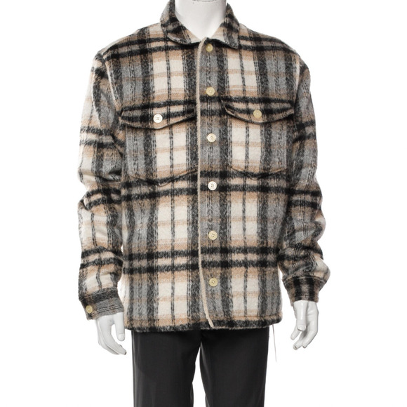 All Saints Cayuga Jacket Mens Medium Ecru Plaid Wool Blend Lined Shacket Button - Picture 4 of 16